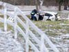 Ontario Provincial Police investigate a two-vehicle collision on Heritage Line near Maple Grove Line, east of Aylmer, on Thursday March 21, 2024. (Derek Ruttan/The London Free Press)