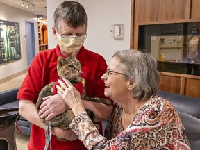 Cindy Ray, a long-term care resident at St. Joseph's Lifecare Centre in Brantford visits with Jenny, a therapy cat held by its owner Donna Kincade.