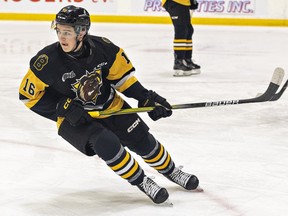 Nick Lardis of the Brantford Bulldogs skates during the first game of their playoff series against the Ottawa 67s on Friday March 29, 2024 at the Civic Centre in Brantford, Ontario. Brian Thompson/Brantford Expositor/Postmedia Network