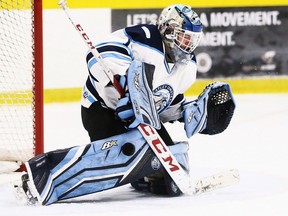 Wheatley Omstead Sharks goalie Ethan Handley makes a pad save against the Lakeshore Canadiens at Wheatley Area Arena in Wheatley, Ont., on Saturday, March 16, 2024. (Mark Malone/Chatham Daily News)