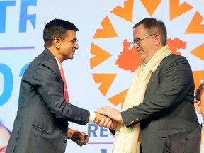 Chatham-Kent Mayor Darrin Canniff, right, is thanked after addressing an economic summit in central India's Madhya Pradesh state while on vacation this month.  (Supplied)