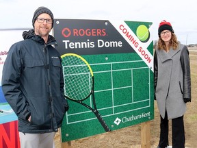 Mark and Stephanie Chapados are thrilled their dream of having a domed indoor tennis facility in Chatham-Kent will soon become a reality.  A $2-million tennis dome, featuring four new courts is set to open by year's end.  (Ellwood Shreve/Chatham Daily News)