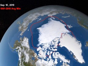 This image from NASA video shows the likely 2019 minimum extent of ice in the Arctic Sea on Sept. 18, 2019, compared with the average minimum from 1981-2010. It's long been known that Arctic countries like Canada will be more severely affected for climate change.