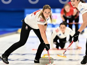 Briane Harris and Shannon Birchard, Canada, in action during the match between Norway and Canada during the semi finals of the LGT World Women's Curling Championship at Goransson Arena in Sandviken, Sweden, Saturday March 25, 2023.