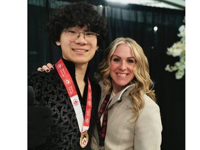 Ethan Xiao of the Chatham Skating Club won a gold medal in the novice men's division at the 2024 Skate Ontario provincial championships in Brampton. He is pictured with coach Laura Smith. (Chatham Skating Club Facebook Photo)