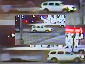 A large white or light-coloured SUV towing a utility trailer that was stolen from the Canadian Tire in Napanee, Ont., on Sunday, March 3, 2024.
