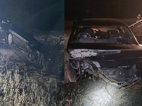 A heavily damaged vehicle found in the ditch of Highway 401 just before the Palace Road exit Napanee, Ont., on Sunday, March 24, 2024. The driver was charged criminally by the Ontario Provincial Police.