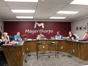 At Mayerthorpe council (l-r), Acting CAO Karen St. Martin and councillors Sandy Morton, Pat Burns, Mayor Janet Jabush, Kyler Mason, Esther Sonnenberg and Anna Greenwood discusses main street improvements.