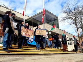 Ceasefire Grey Bruce on the steps of Owen Sound City Hall Saturday. The group is calling for an end to the fighting in Gaza.