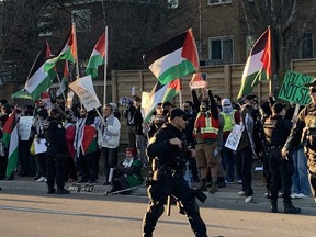 Protesters outside a synagogue in Thornhill Thursday, March 7, 2024. Joe Warmington/Toronto Sun