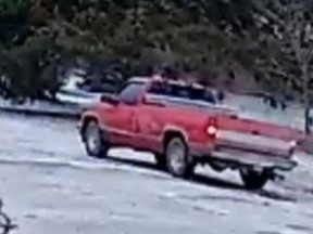 Oxford OPP are asking for the public's help identifying a red pickup truck after a Pride crosswalk in Drumbo was vandalized with tire tread marks on Sunday March 10, 2024. (Oxford OPP)