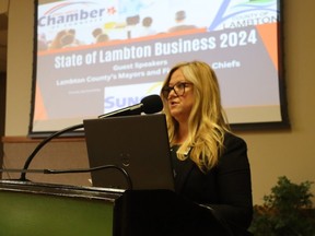 Carrie McEachran, CEO of the Sarnia-Lambton Chamber of Commerce, speaks Tuesday during a State of Lambton Business Breakfast at the fairgrounds in Wyoming.