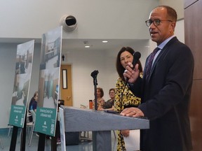 Joe Wolf, Nova Chemicals vice-president of manufacturing East, speaks earlier this week during a funding announcement at Bluewater Health. Looking on is Kathy Alexander, executive director of the Bluewater Health Foundation. Paul Morden/The Observer