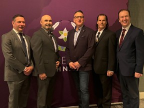 From the left are Technica Mining CEO Mario Grossi, Atikameksheng Anishnawbek Gimaa Craig Nootchtai, Minister of Indigenous Affairs and Northern Development Greg Rickford, Wahnapitae First Nation Chief Larry Roque and Greater Sudbury Mayor Paul Lefebvre. Supplied