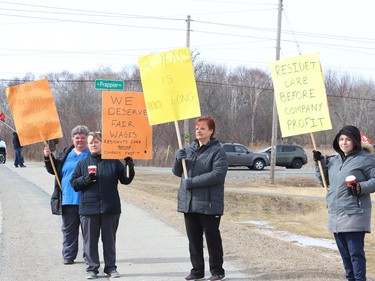 Unionized employees and their supporters take part in an information picket at the Elizabeth Centre, a 128-bed facility located in Val Caron, Ont. on Monday March 11, 2024. The union members are looking for a fair compensation. They have not had a wage increase in more than two years and their collective agreement has not been renewed since it expired in December 2022, according to Unifor Local 598. The pickets will be held outside the home, between 1:30 p.m. and 3:30 p.m., every day this week until Friday. John Lappa/Sudbury Star/Postmedia Network