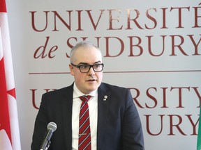 Serge Miville, president of the University of Sudbury, announced a partnership with the University of Ottawa at a press conference at the University of Sudbury on Thursday March 14, 2024. John Lappa/Sudbury Star/Postmedia Network