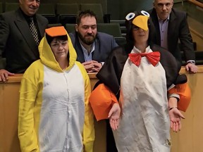 Following a city council meeting, Ward 7 Coun. Natalie Labbee changed into a penguin suit and shot a video with her colleagues to announce their participation in Sunday’s polar plunge at Whitewater Lake. Joining her are Ward 4 Coun. Pauline Fortin and in the back, Ward 3 Coun. Michel Brabant (left), Ward 2 Coun. Eric Benoit and Ward 1 Coun. Mark Signoretti. Facebook photo