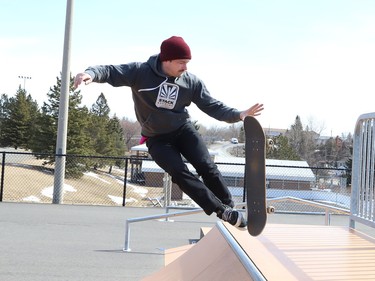 Zach Mullin works on his skateboarding skills at the Delki Dozzi Skate Park in Gatchell on Monday March 25, 2024. John Lappa/Sudbury Star/Postmedia Network