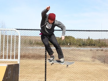 Zach Mullin works on his skateboarding skills at the Delki Dozzi Skate Park in Gatchell on Monday March 25, 2024. John Lappa/Sudbury Star/Postmedia Network