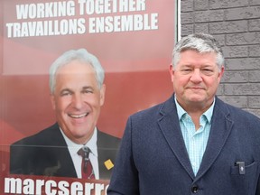 Parry Sound-Muskoka MP Scott Aitchison was on hand outside the Val Caron constituency office of Nickel Belt MP Marc Serre on Thursday March 28, 2024.