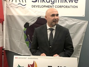 Gimaa Craig Nootchtai of the Atikameksheng First Nation talks about a FedNor investment of $288,000 to assist with economic development on the Atikameksheng First Nation at a press conference Friday.