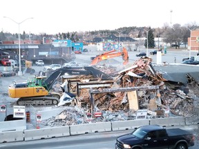 It took a little more than three hours to tear down the iconic Golden Grain Bakery on Brady Street in Sudbury, Ont. on Monday March 11, 2024.