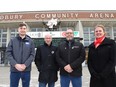 Dawson Seeley, left, of Sudbury Windows and Doors-Polar Bear, Michael Cullen and Derek Cashmore, of the Sudbury and District Home Builders' Association, and event organizer Jana Schilkie, owner of Jana Hospitality Consulting, kicked off the Home, Renovation and Style Show 2024 at a press conference at the Sudbury Community Arena in Sudbury, Ont. on Thursday March 21, 2024.