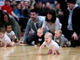 Babies take the start of the Sudbury Five's 4th annual halftime Baby Race on Sunday afternoon.