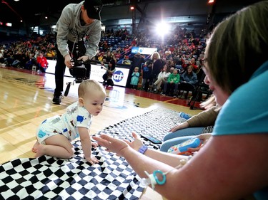 Babies take the start of the Sudbury Five's 4th annual halftime Baby Race on Sunday afternoon.
