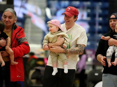 Babies take the start of the Sudbury Five's 4th annual halftime Baby Race on Sunday afternoon.