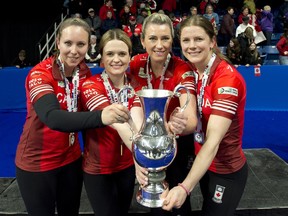 Team Canada from the left are skip Rachel Homan, Tracy Fleury, Emma Miskew and Sara Wilkes. They defeated team Switzerland 7-5 to capture World Women's Curling Championship. Curling Canada/Michael Burns Photo