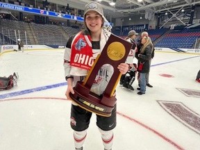 Jocelyn Amos of Ailsa Craig capped a stellar freshman year with the Ohio State Buckeyes with a win Sunday against the Wisconsin Badgers in the U.S. collegiate national final in Durham, N.H. Amos also was named a Western Collegiate Hockey Association all-star. (Submitted photo)