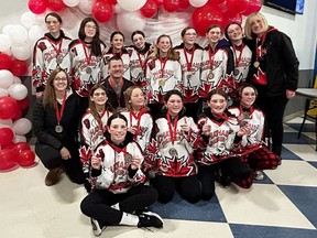 The Chatham U14 Thunder won gold medals at the Western Region Ringette Association championship in London, Ont., on Sunday, March 24, 2024. (Supplied Photo)