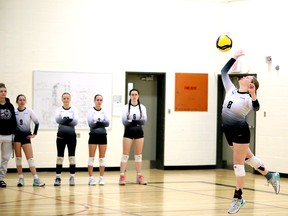 Julie Harris (No. 8) served for nine-straight points during tournament play Sunday as the Bluewater Ballistix under-18 volleyball club won gold at Owen Sound's Ontartio Volleyball Association tournament at Owen Sound District Secondary School. Greg Cowan/The Sun Times