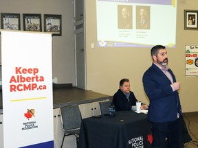 Jeff McGowan, Prairie Region director for the National Police Federation (NPF), right, spoke in Whitecourt in 2022. NPF has lobbied the Alberta government for more policing in rural areas, with Woodlands County council opting in February 2024 to join in the advocacy.