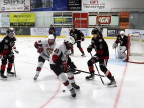 During the home opener, Whitecourt Wolverines Spencer Rheaume and Nathaniel Bannister sparred with Camrose Kodiaks Alexander Bryson and Ethan Short outside the Wolverines' net, guarded by Ben Charette. The Wolverines will take on the Kodiaks again during 2023-24 playoffs, to be hosted at JDA Place on March 15 and 16.
