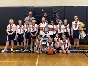 The Chatham-Kent Wildcats are 2024 Ontario Cup U10 girls basketball champions. They are, front row, left: Olivia Smulders, Zoey Allen, Aubree Brown and Sloane Wright. Middle row: Campbell Brewer, Fitz Schaffner, Oksana Goure, Hannah Forget, Daria Hendrie, Myana Wright, Ava Beattie, Ryan Carpenter and Lily Blokzyl. Back row: coaches Kevin Carpenter, Kyle Wright and Paul Blokzyl. (Supplied Photo)