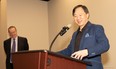 Stony Plain's Mayor William Choy presents the 2023-2024 State of the Region presentation on Mar. 15 2023.