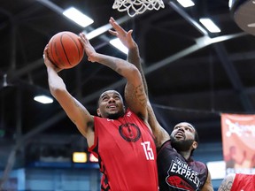 Deontae Hawkins of the Sudbury Five goes up for a shot during Basketball Super League action against the Windsor Express at Sudbury Community Arena on Sunday, March 24, 2024. Sudbury defeated Windsor 115-108.
