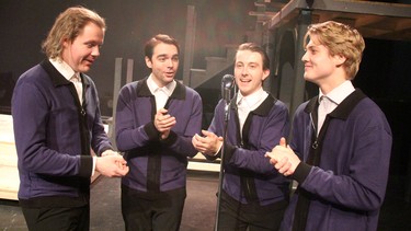 Leo Moore, Stephen Gagnon-Ruscio,  Andrew Stuetz and Ethan Heimonen at a rehearsal for West End Theatre Project's production of Jersey Boys on Thursday, April 12, 2024 in Sault Ste. Marie, Ont. (BRIAN KELLY/THE SAULT STAR/POSTMEDIA NETWORK)