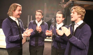 Leo Moore, Stephen Gagnon-Ruscio,  Andrew Stuetz and Ethan Heimonen at a rehearsal for West End Theatre Project's production of Jersey Boys on Thursday, April 12, 2024 in Sault Ste. Marie, Ont. (BRIAN KELLY/THE SAULT STAR/POSTMEDIA NETWORK)