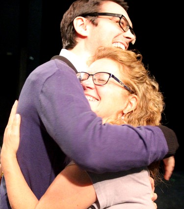 Stephen Gagnon-Ruscio gives his mom, Lyne Gagnon, a hug at a rehearsal for West End Theatre Project's production of Jersey Boys on Thursday, April 12, 2024 in Sault Ste. Marie, Ont. (BRIAN KELLY/THE SAULT STAR/POSTMEDIA NETWORK)