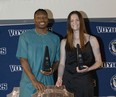 Laurentian Voyageurs soccer players Timi Aliu, left, and Hunter Jones were named as the Male and Female Athlete of the Year, respectively, as the university hosted its annual athletic awards banquet on Wednesday.