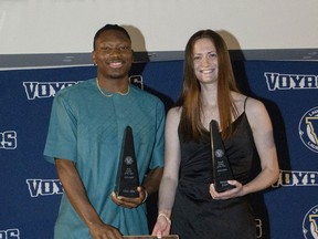 Laurentian Voyageurs soccer players Timi Aliu, left, and Hunter Jones were named as the Male and Female Athlete of the Year, respectively, as the university hosted its annual athletic awards banquet on Wednesday.