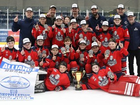 The Stratford Jr. Warriors won the Alliance U10 double-A tournament in Brantford this past weekend. Team members include: Roman Bell, Oliver Berg, Brady Casey, Louie Domm, Archer Ehgoetz, Lucas Holmes, Ethan Hummel, Nash Knight, Finley McKee, Louis Molenhuis, Bentley Paola, Connor Parsons, Josh Peck, Beau Smith, Maddux Smith, Cater Van Nynatten, Finley Welsh, head coach Jeff Molenhuis, assistant coaches Chris Smith, Kyle Casey, Mike Holmes and manager Jon Paola. (Digital Daves photo)