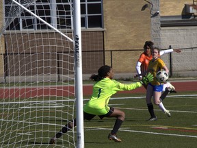 Brantford Collegiate Institute’s Tatum McAuley makes a saves against North Park Collegiate’s Jada Arthurs during AABHN girls soccer action at Kiwanis Field on Monday. Brian Smiley