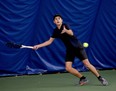 Jacob Liao of Oakville prepares to return the ball during a singles match with Noah Bulbring of Sudbury during action at the Sudbury Indoor Tennis Centre in Sudbury, Ontario on Saturday, April 20, 2024.