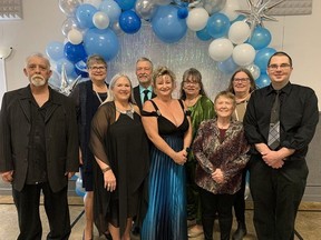 Wiarton Propeller Club board members gather at the club's 75th anniversary gala at The Meeting Place in Wiarton on Saturday, April 20, 2024. From left are Andy Mackey, Julianne Hull, Jackie Miller, Doug Briggs, Kim West-Briggs, Jann Carder-Glaubitz, Joanne Lancaster, Gayle Hall and Cody Thompson.