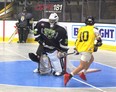 A Brantford Warriors goalie makes a save during a recent tryout at the civic centre. The Ontario Junior C Lacrosse League team began its season on Friday at the civic centre against the Six Nations Warriors. Brian Smiley