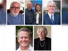 The University of New Brunswick's honorary degree recipients at the upcoming spring convocations in Fredericton and Saint John include (top row, from left) Fred Beairsto, Earl Brewer and Sandy Kitchen-Brewer, and Dr. Darrell Duffie. Bottom row, from left: Dr. Hans Kierstead and Dr. Margaret MacMillan.